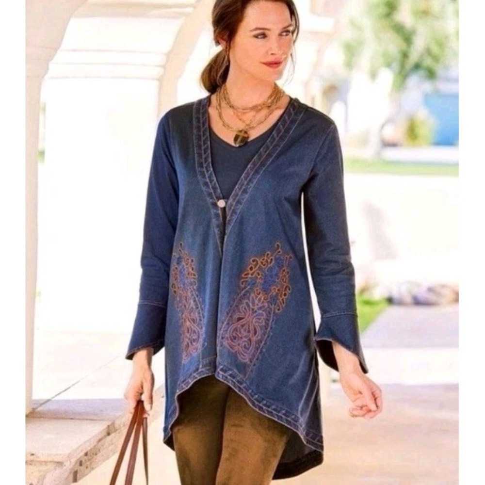 Soft‎ Surroundings Denim Highlands Embroidered Cardigan S Boho Layering Jacket